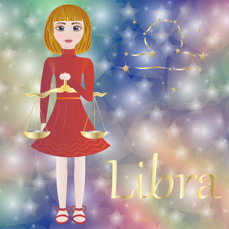 Illustration of a young woman holding a scales of justice on a starry backgroundのイラスト素材