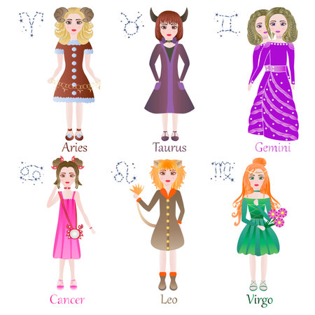 Vector set of cute girls in different dresses. Cartoon style. Vector illustration.のイラスト素材