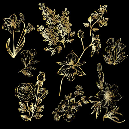 Set of hand drawn golden flowers and leaves isolated on black background.のイラスト素材