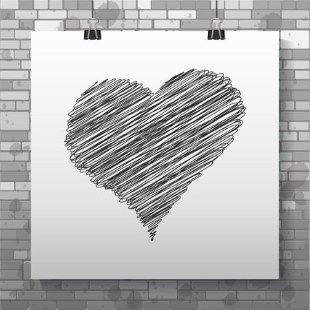 White paper sheet with heart shape on the wall. Vector illustration.のイラスト素材