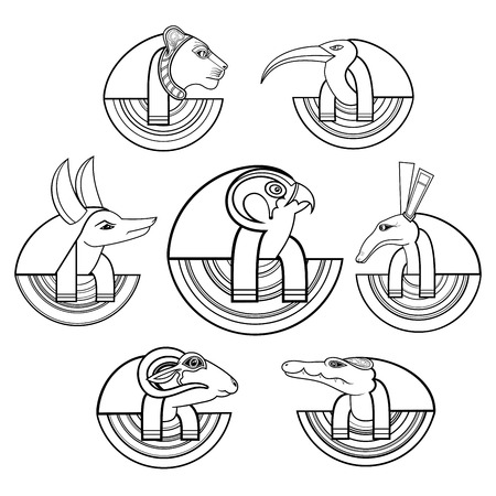Vector Set of Black Isolated Contour Silhouettes. Gods of ancient Egyptのイラスト素材