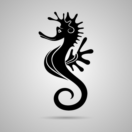 Vector Beautiful Black Seahorses. Icon (Logotype). Object Isolated On Gray Backgroundのイラスト素材