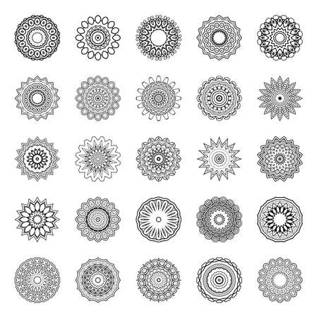 Vector Monochrome Set of Mandalas. Round Abstract Objects Isolated On White Background. Ethnic Decorative Elementのイラスト素材