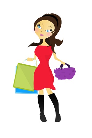 cartoon illustration of a girl with shoppingの写真素材