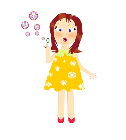 cartoon illustration of a girl with soap bubbles on a white backgroundの写真素材