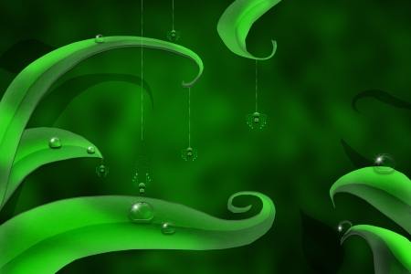  illustration of a beautiful green natural background with drops of dew and spidersの写真素材