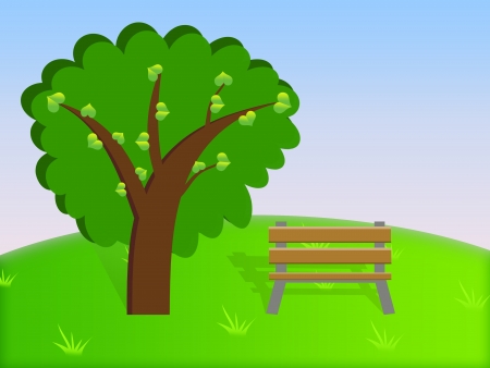 cartoon illustration of a bench and a treeの写真素材