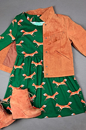 Fringed pocket suede jacket, dress with animal print, brown boots on gray backgroundの写真素材