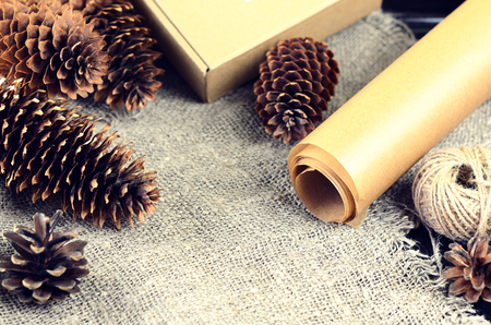 Natural items collection for handcraft (paper, pine and spruce cones, jute, cardboard box)の写真素材