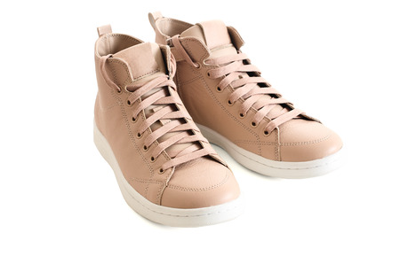 Women  beige shoes isolated on white background. Fashion footwear, spring summer collectionの写真素材