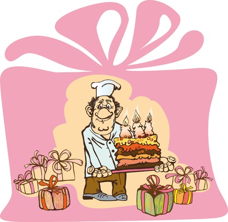 benevolent baker makes a cake with three candles.のイラスト素材