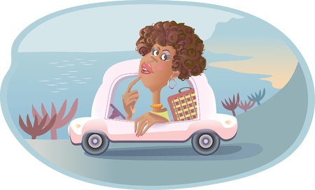 Brunette on a pink car is going to rest to the seaのイラスト素材