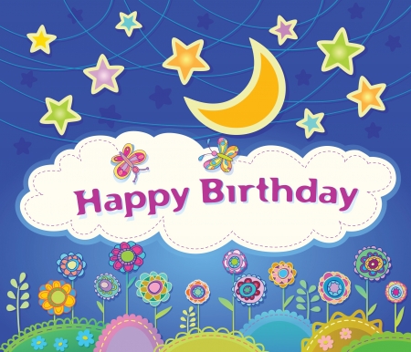 Vector greeting card for your child. Meadow with flowers. Night Fairy Tale.のイラスト素材