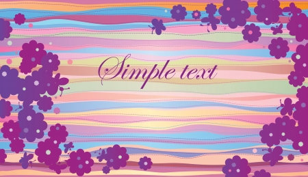 Summer horizontal composition  A silhouette of butterflies and flowers on a striped light-colored background  Stitched with thread  Space for text のイラスト素材