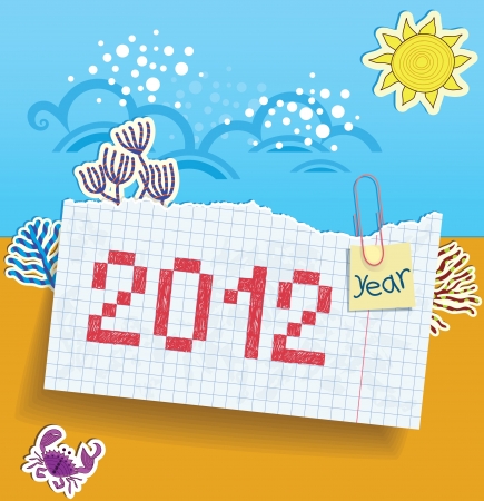 Torn exercise book in the box with a painted date  2012   Sheets of paper fastened by a clip  Applique on a summer theme のイラスト素材