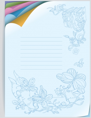 Vector notebook cover. Curved corners of colored paper. Outline drawing of butterflies, flowers and books.のイラスト素材