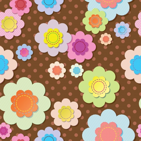 Seamless textile flowers on brown polka dot fabric のイラスト素材