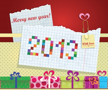 Greeting card of notebook sheet and lettering 2013. Collage of gift boxes.のイラスト素材