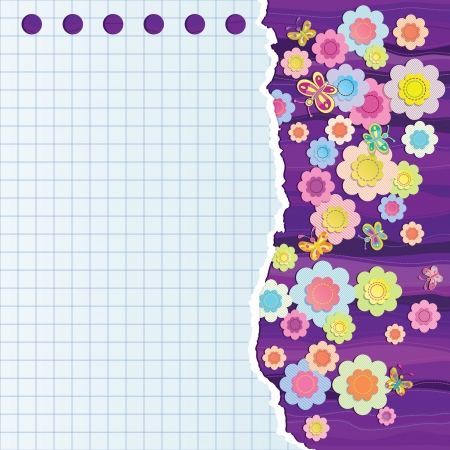 A sheet of paper torn from a notebook  Background of decorative flowers and butterflies のイラスト素材