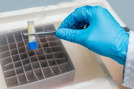 Gloved hand hold the tube with cell suspension for cryopreservation. A Liquid Nitrogen bank...