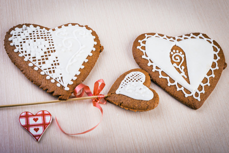 White heart shape gingerbread cookie. Selective focus.の写真素材