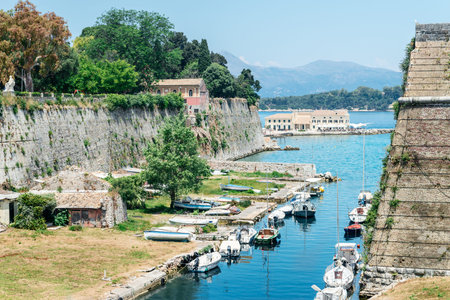 Marina view from The Old Harbor in Corfu island in Greeceの写真素材