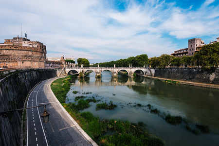 bridge over the Tiber river and Saint Angel castle,  Rome, Italy.のeditorial素材