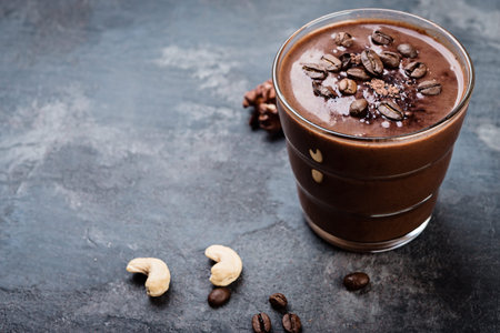 Chocolate smoothie with nuts on dark  backgroundの写真素材