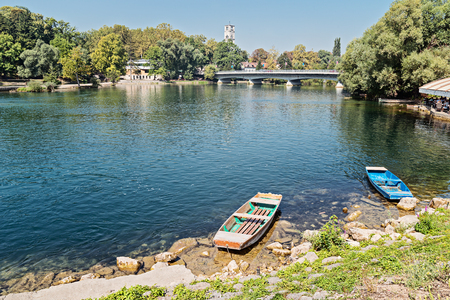 Bihac town, view of the  Una river, Bosnia and Herzegovinaの写真素材