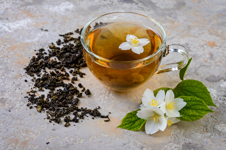 Jasmine tea with jasmine flowersの写真素材