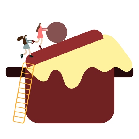 tiny people METAPHOR, tiny people save the dough escaped from the pan in the kitchen of a giant man, a small toy fairy world, a children's fairy illustration, exaggeration, a fairy taleのイラスト素材