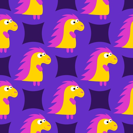 Cartoon seamless pattern with yellow cartoon baby dinosaur pattern on purple background. Dinosaur baby girl cute print. Cute cartoon dino design. Cute cartoon wild animal. Vector illustration background.のイラスト素材