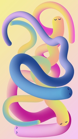 Cartoon fluid beautiful bright snakes for fabric design. Digital gradient. Colorful bright. Transparent background. Abstract pattern. flow design. 3d abstract colorful fluid design.のイラスト素材