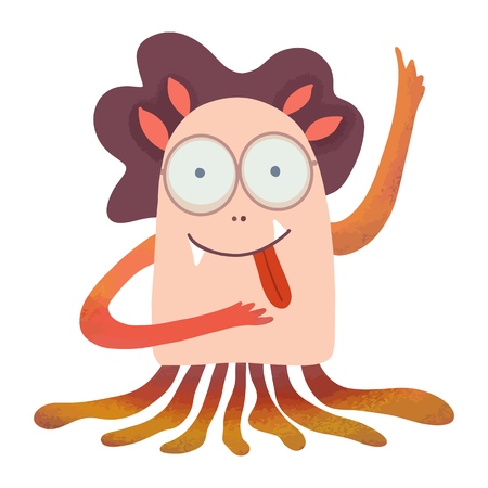 cartoon girl monstrik with language, fantasy fictional illustration on children's themes for open, children's books, t-shirts, greetings, Cartoon monster. Happy kids cartoon collection.のイラスト素材