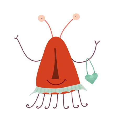 Funny baby monster fantasy in a skirt and a handbag in the shape of a heart on his hand, a great illustration for children's books and greetings, comics and cards. vectorのイラスト素材