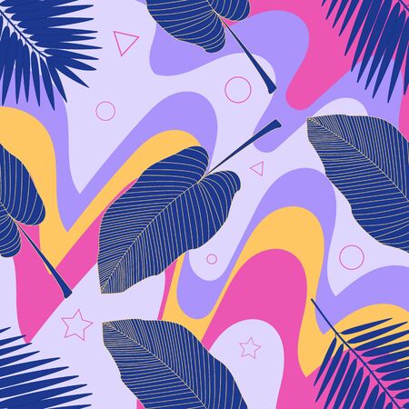 Creative universal floral header in tropical style. Modern graphic design. Hand Drawn textures. Ideal for web, card, poster, cover, invitation, brochure. Tropical jungle leaves background.のイラスト素材