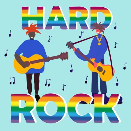 Hard rock band musicians. Music concert. Modern sound. Typography, hard rock lettering, group of musicians, concept for banners, invitations, prints, cards, business cards and invitationsのイラスト素材