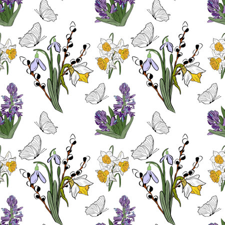 Seamless pattern bouquet with butterflies, willow branch and snowdropsの写真素材