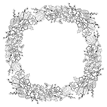 Wreath, round frame of spring flowersの写真素材