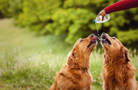 Two dogs drink waterの写真素材