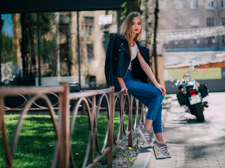 woman and bikeの写真素材