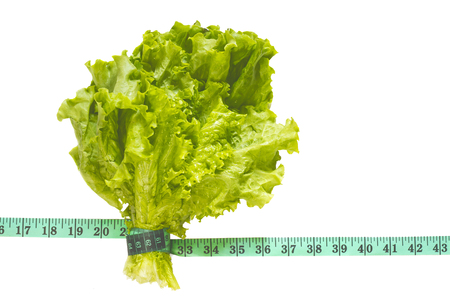 bunch of green lettuce tied with a centimeter on an isolated backgroundの写真素材