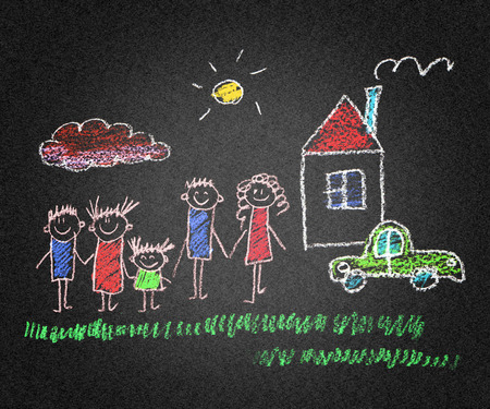 Happy parents and children asphalt kids drawingの写真素材