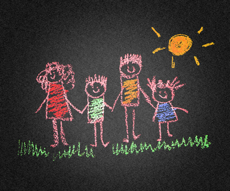 Happy parents and children asphalt kids drawingの写真素材