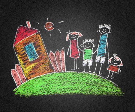 Happy parents and children asphalt kids drawingの写真素材