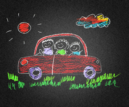 Happy parents and children asphalt kids drawingの写真素材