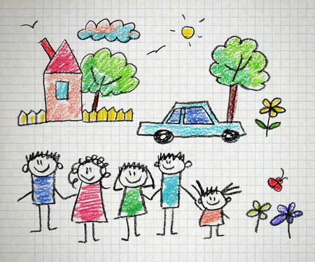 Happy parents and children naive kids drawingの写真素材