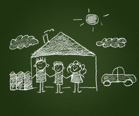 Happy parents and children naive kids drawingの写真素材