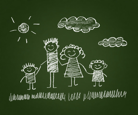 Happy parents and children naive kids drawingの写真素材