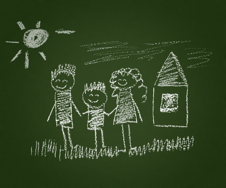 Happy parents and children naive kids drawingの写真素材